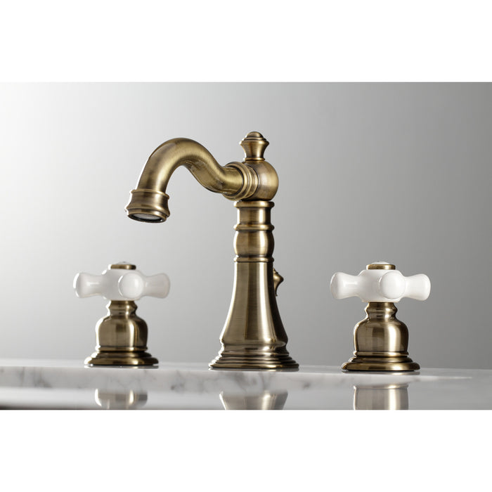 Kingston Heirloom FSC19733PX - American Classic Two-Handle 3-Hole Deck Mount Widespread Bathroom Faucet with Brass Pop-Up, Antique Brass