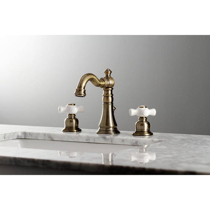Kingston Heirloom FSC19733PX - American Classic Two-Handle 3-Hole Deck Mount Widespread Bathroom Faucet with Brass Pop-Up, Antique Brass