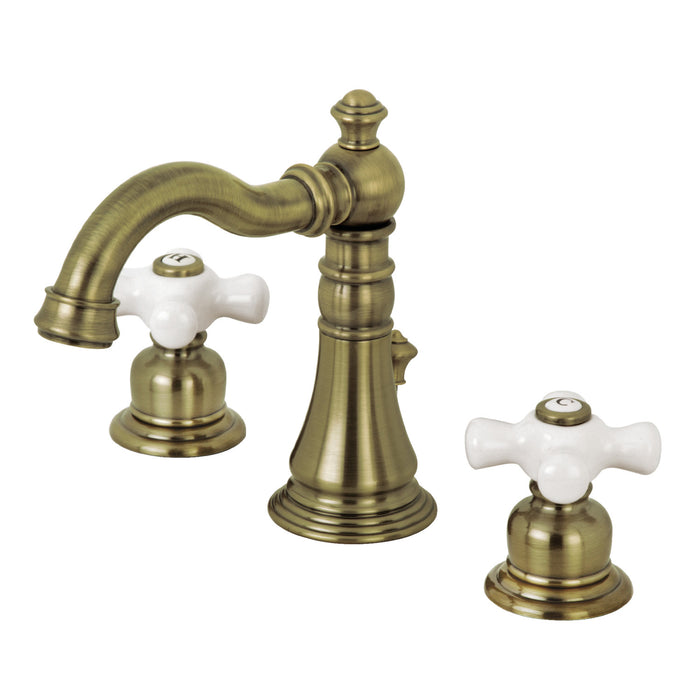 Kingston Heirloom FSC19733PX - American Classic Two-Handle 3-Hole Deck Mount Widespread Bathroom Faucet with Brass Pop-Up, Antique Brass