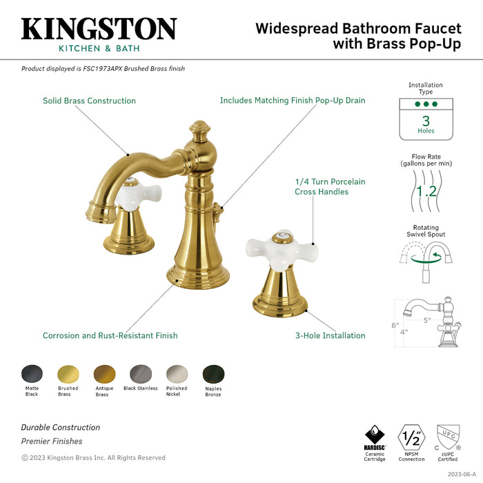 American Classic FSC1973APX Two-Handle 3-Hole Deck Mount Widespread Bathroom Faucet with Brass Pop-Up, Brushed Brass