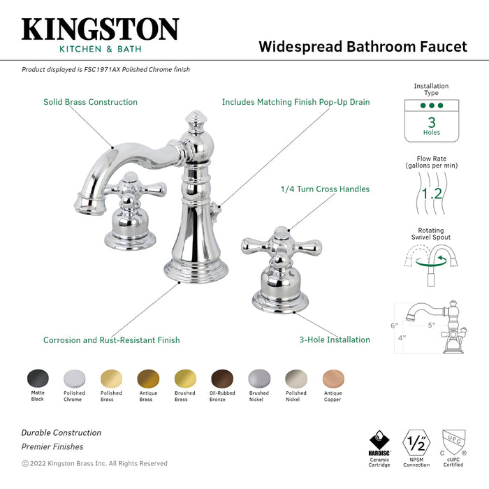 Kingston Heirloom FSC1973AX - American Classic Two-Handle 3-Hole Deck Mount Widespread Bathroom Faucet with Brass Pop-Up, Brushed Brass