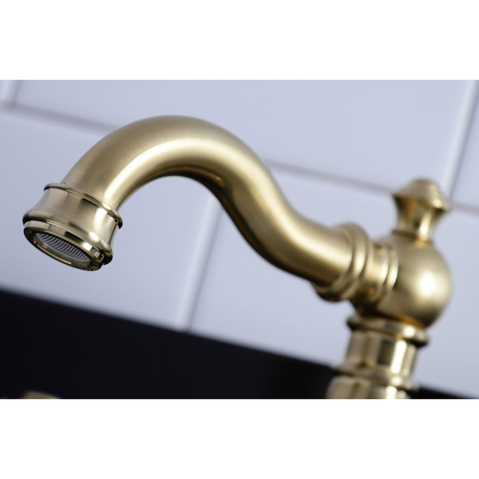 Kingston Heirloom FSC1973AX - American Classic Two-Handle 3-Hole Deck Mount Widespread Bathroom Faucet with Brass Pop-Up, Brushed Brass