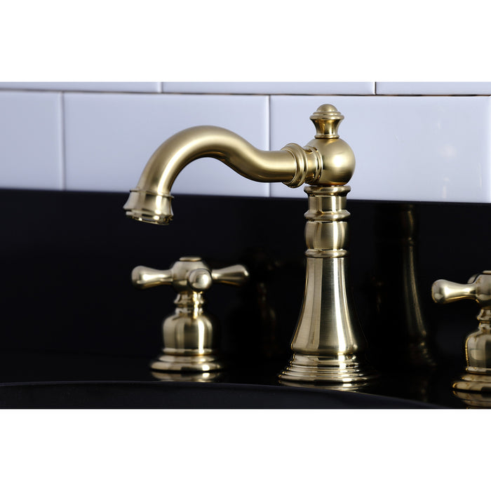 Kingston Heirloom FSC1973AX - American Classic Two-Handle 3-Hole Deck Mount Widespread Bathroom Faucet with Brass Pop-Up, Brushed Brass