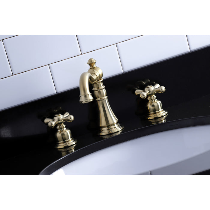 Kingston Heirloom FSC1973AX - American Classic Two-Handle 3-Hole Deck Mount Widespread Bathroom Faucet with Brass Pop-Up, Brushed Brass