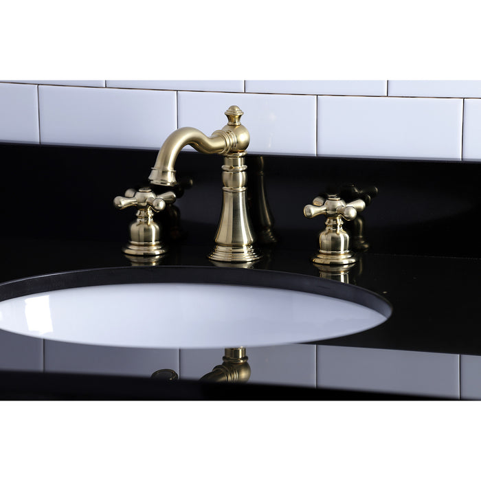 Kingston Heirloom FSC1973AX - American Classic Two-Handle 3-Hole Deck Mount Widespread Bathroom Faucet with Brass Pop-Up, Brushed Brass