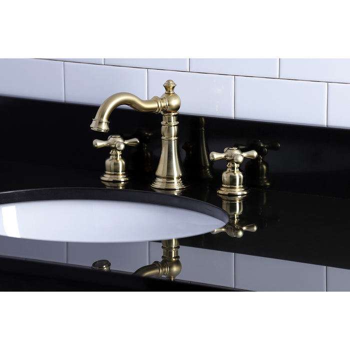 Kingston Heirloom FSC1973AX - American Classic Two-Handle 3-Hole Deck Mount Widespread Bathroom Faucet with Brass Pop-Up, Brushed Brass