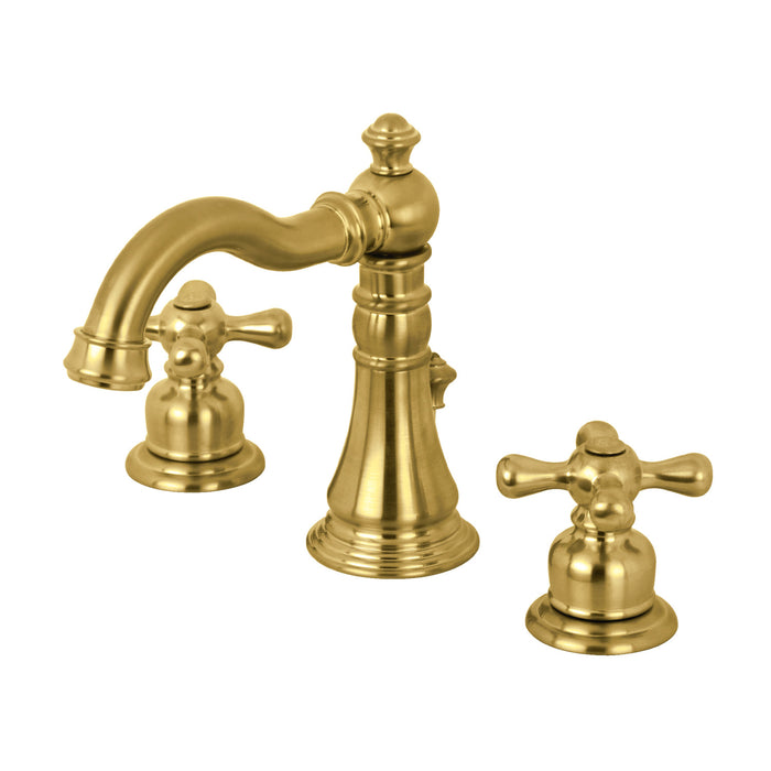 Kingston Heirloom FSC1973AX - American Classic Two-Handle 3-Hole Deck Mount Widespread Bathroom Faucet with Brass Pop-Up, Brushed Brass