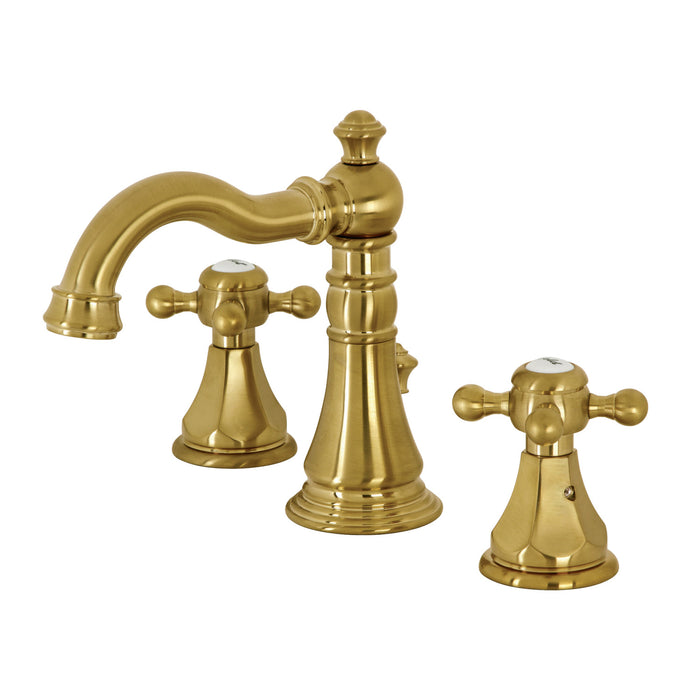 Kingston Heirloom FSC1973BX - Metropolitan Two-Handle 3-Hole Deck Mount Widespread Bathroom Faucet with Brass Pop-Up, Brushed Brass