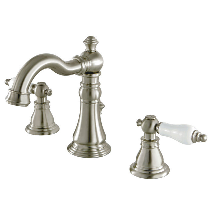 American Patriot FSC1978APL Two-Handle 3-Hole Deck Mount Widespread Bathroom Faucet with Pop-Up Drain, Brushed Nickel