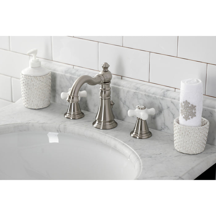 Kingston Heirloom FSC1978APX - American Classic Two-Handle 3-Hole Deck Mount Widespread Bathroom Faucet with Pop-Up Drain, Brushed Nickel