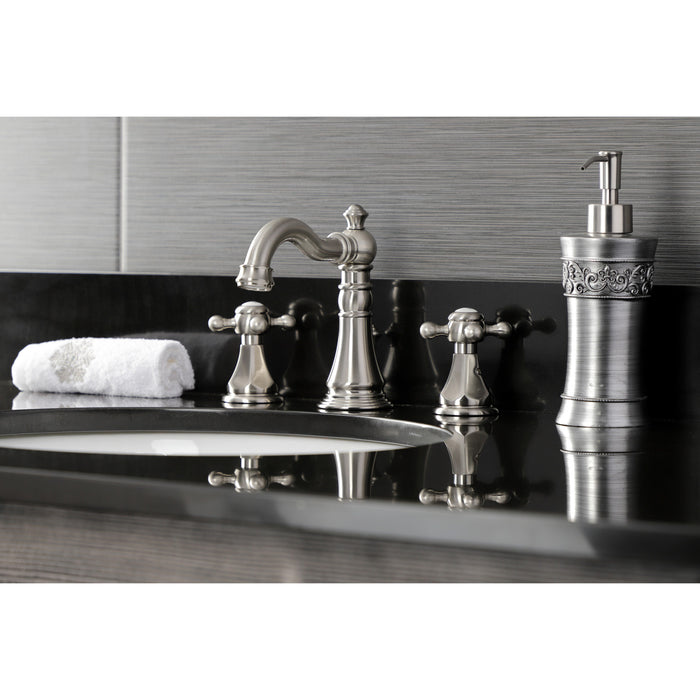 Kingston Heirloom FSC1978BX - Metropolitan Two-Handle 3-Hole Deck Mount Widespread Bathroom Faucet with Pop-Up Drain, Brushed Nickel