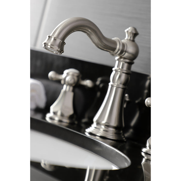 Kingston Heirloom FSC1978BX - Metropolitan Two-Handle 3-Hole Deck Mount Widespread Bathroom Faucet with Pop-Up Drain, Brushed Nickel