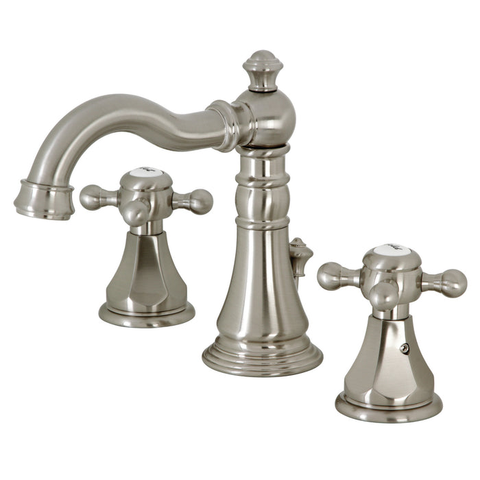 Kingston Heirloom FSC1978BX - Metropolitan Two-Handle 3-Hole Deck Mount Widespread Bathroom Faucet with Pop-Up Drain, Brushed Nickel