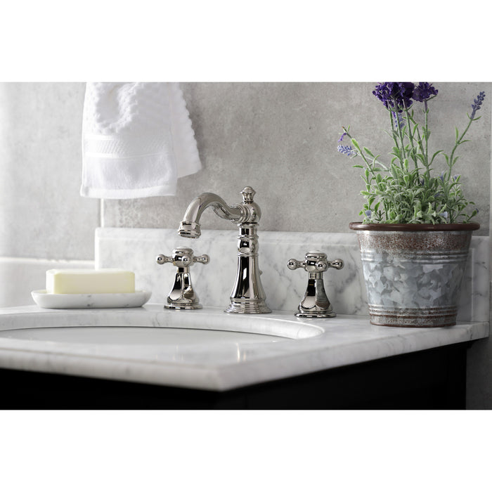 Kingston Heirloom FSC1979BX - Metropolitan Two-Handle 3-Hole Deck Mount Widespread Bathroom Faucet with Brass Pop-Up, Polished Nickel