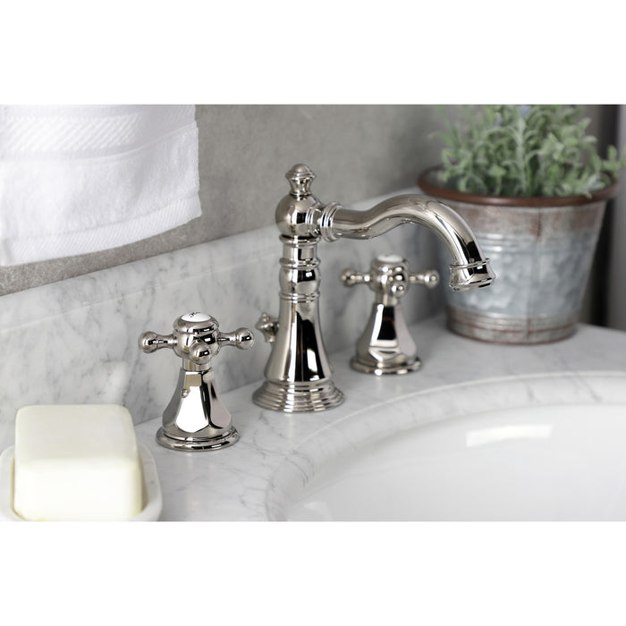 Kingston Heirloom FSC1979BX - Metropolitan Two-Handle 3-Hole Deck Mount Widespread Bathroom Faucet with Brass Pop-Up, Polished Nickel