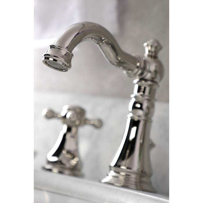Kingston Heirloom FSC1979BX - Metropolitan Two-Handle 3-Hole Deck Mount Widespread Bathroom Faucet with Brass Pop-Up, Polished Nickel