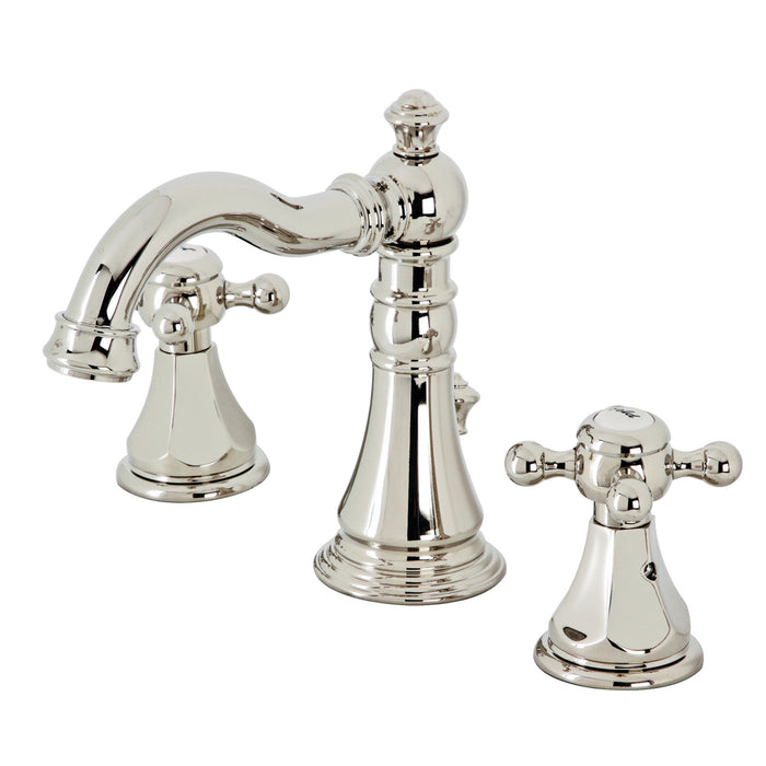 Kingston Heirloom FSC1979BX - Metropolitan Two-Handle 3-Hole Deck Mount Widespread Bathroom Faucet with Brass Pop-Up, Polished Nickel