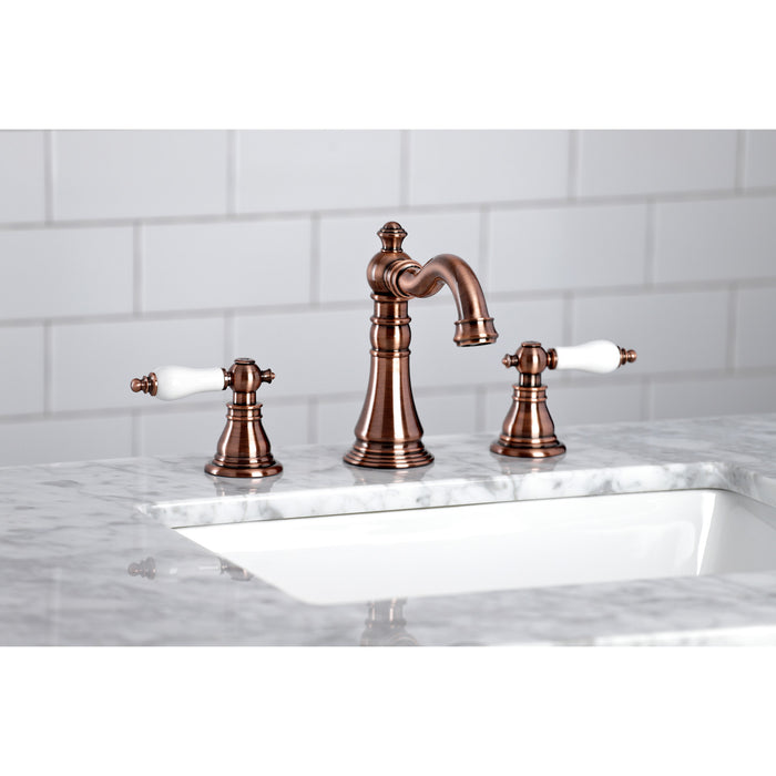 American Patriot FSC197APLAC Two-Handle 3-Hole Deck Mount Widespread Bathroom Faucet with Brass Pop-Up, Antique Copper
