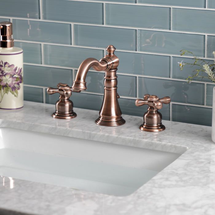 Kingston Heirloom FSC197AXAC - American Classic Two-Handle 3-Hole Deck Mount Widespread Bathroom Faucet with Brass Pop-Up, Antique Copper