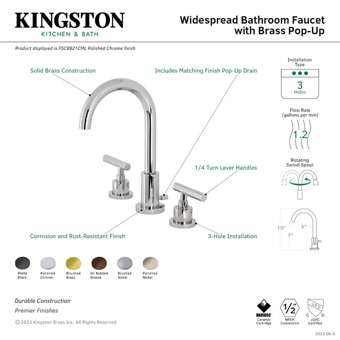 Manhattan FSC8921CML Two-Handle 3-Hole Deck Mount Widespread Bathroom Faucet with Pop-Up Drain, Polished Chrome