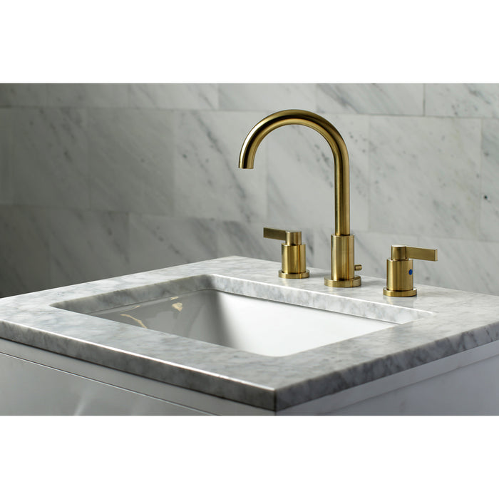 NuvoFusion FSC8923NDL Two-Handle 3-Hole Deck Mount Widespread Bathroom Faucet with Pop-Up Drain, Brushed Brass