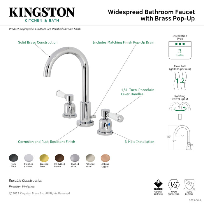 Paris FSC8928DPL Two-Handle 3-Hole Deck Mount Widespread Bathroom Faucet with Pop-Up Drain, Brushed Nickel