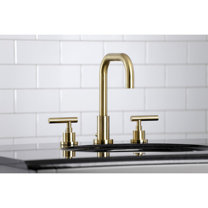 Manhattan FSC8933CML Two-Handle 3-Hole Deck Mount Widespread Bathroom Faucet with Pop-Up Drain, Brushed Brass