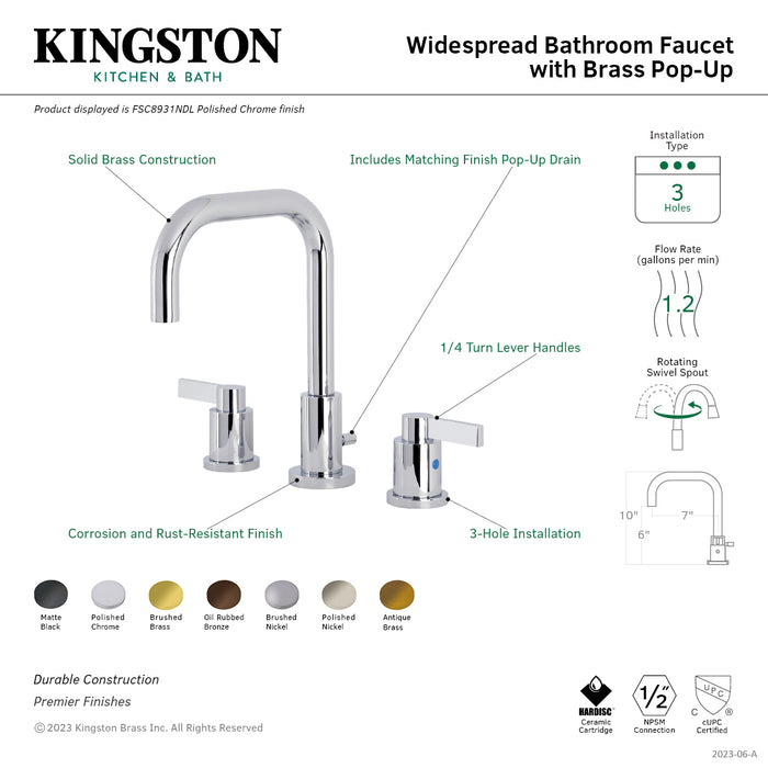 NuvoFusion FSC8939NDL Two-Handle 3-Hole Deck Mount Widespread Bathroom Faucet with Pop-Up Drain, Polished Nickel
