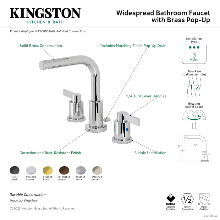 NuvoFusion FSC8958NDL Two-Handle 3-Hole Deck Mount Widespread Bathroom Faucet with Pop-Up Drain, Brushed Nickel