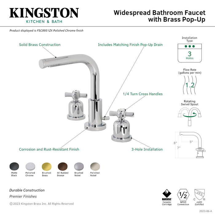 Kingston Tulare FSC8958ZX - Millennium Two-Handle 3-Hole Deck Mount Widespread Bathroom Faucet with Brass Pop-Up, Brushed Nickel