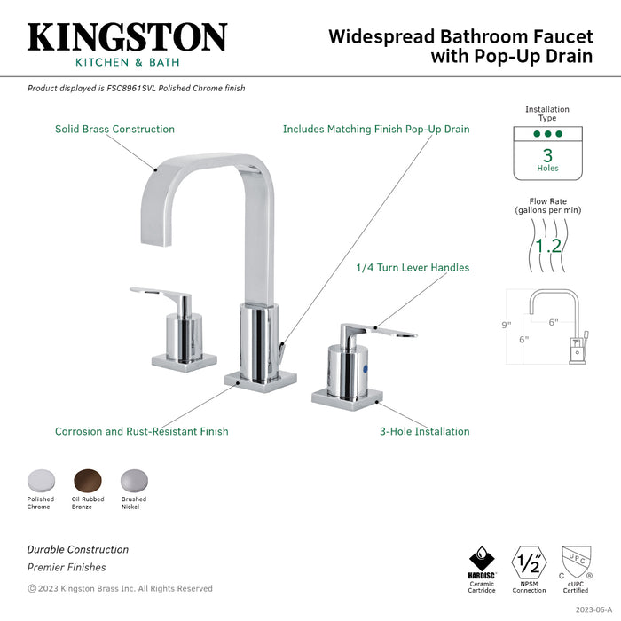 Serena FSC8968SVL Two-Handle 3-Hole Deck Mount Widespread Bathroom Faucet with Pop-Up Drain, Brushed Nickel