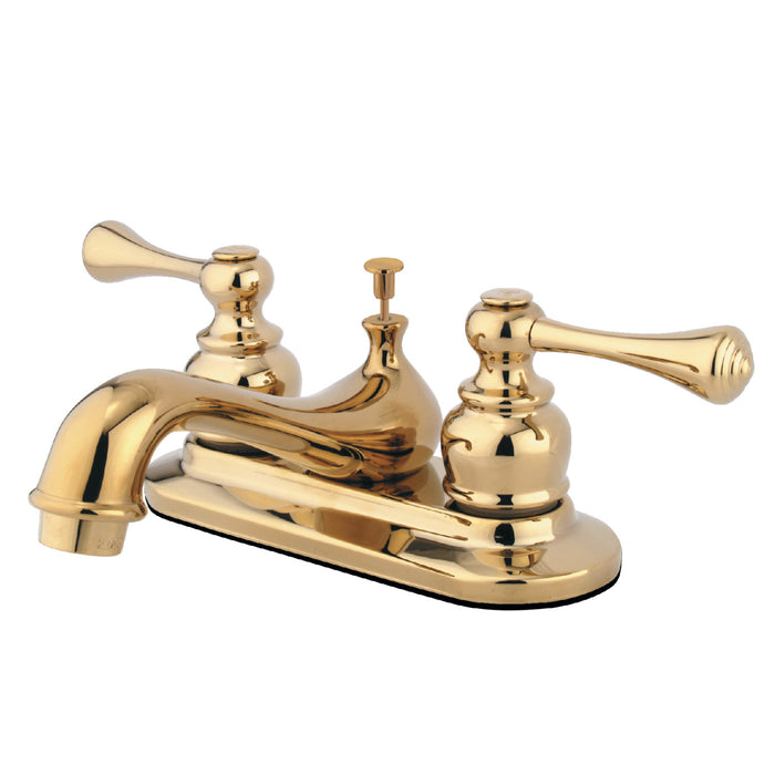 Vintage GKB602BL Two-Handle 3-Hole Deck Mount 4" Centerset Bathroom Faucet with Plastic Pop-Up, Polished Brass