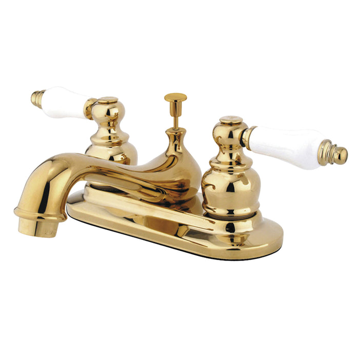 Restoration GKB602PL Two-Handle 3-Hole Deck Mount 4" Centerset Bathroom Faucet with Plastic Pop-Up, Polished Brass