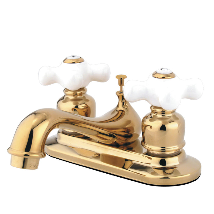 Restoration GKB602PX Two-Handle 3-Hole Deck Mount 4" Centerset Bathroom Faucet with Plastic Pop-Up, Polished Brass