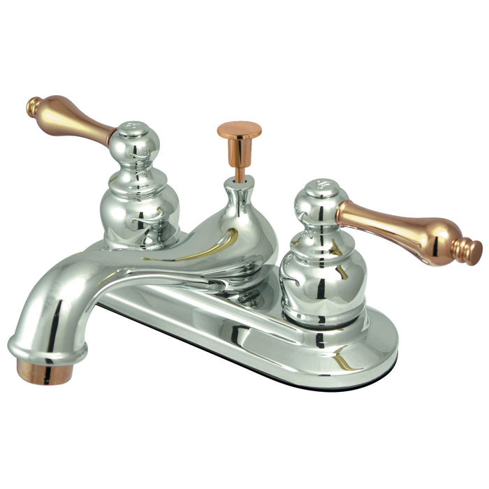 Restoration GKB604AL Two-Handle 3-Hole Deck Mount 4" Centerset Bathroom Faucet with Plastic Pop-Up, Polished Chrome/Polished Brass