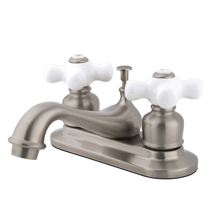 Kingston Heirloom GKB608PX - Restoration Double-Handle 3-Hole Deck Mount 4-Inch Centerset Bathroom Faucet with Pop-Up Drain, Brushed Nickel