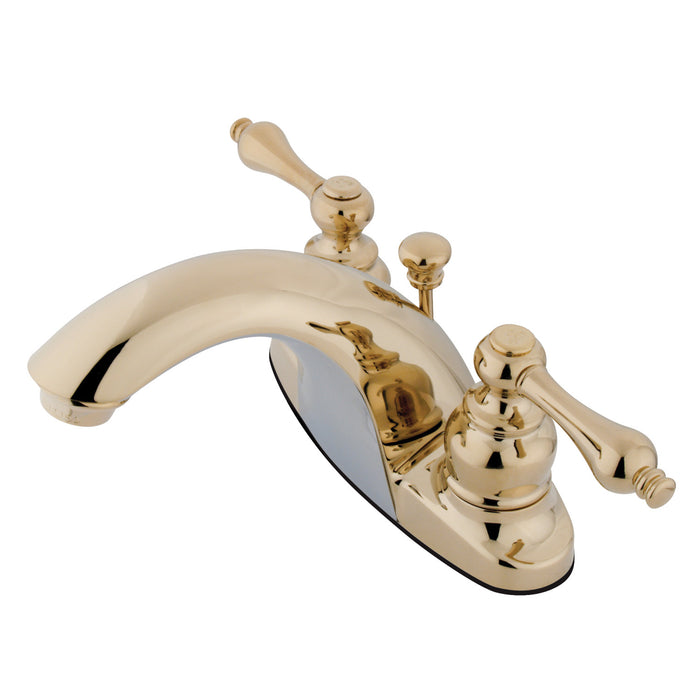 English Country GKB7642AL Two-Handle 3-Hole Deck Mount 4" Centerset Bathroom Faucet with Plastic Pop-Up, Polished Brass