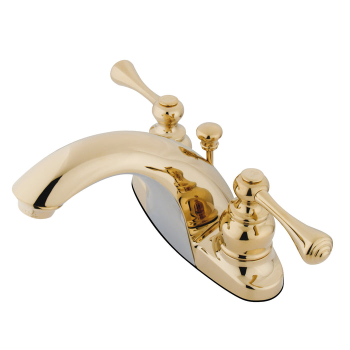 English Country GKB7642BL Two-Handle 3-Hole Deck Mount 4" Centerset Bathroom Faucet with Plastic Pop-Up, Polished Brass