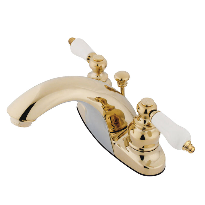 English Country GKB7642PL Two-Handle 3-Hole Deck Mount 4" Centerset Bathroom Faucet with Plastic Pop-Up, Polished Brass