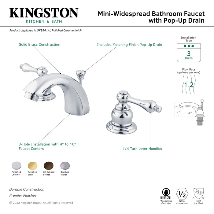 Magellan GKB942AL Two-Handle 3-Hole Deck Mount Mini-Widespread Bathroom Faucet with Plastic Pop-Up, Polished Brass