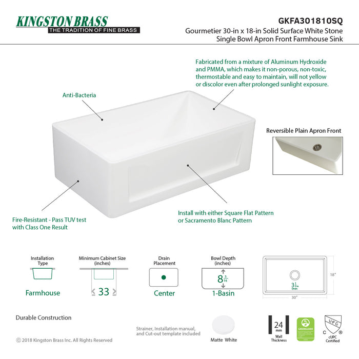 Arcticstone GKFA301810SQ 30-Inch Solid Surface White Stone Apron-Front Single Bowl Farmhouse Kitchen Sink, Matte White
