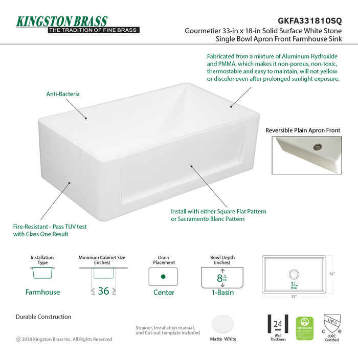 Arcticstone GKFA331810SQ 33-Inch Solid Surface White Stone Apron-Front Single Bowl Farmhouse Kitchen Sink, Matte White