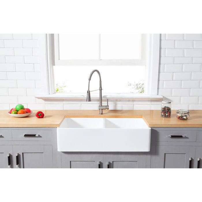 Arcticstone GKFA361810BCD 36-Inch Solid Surface White Stone Apron-Front Double Bowl Farmhouse Kitchen Sink, Matte White