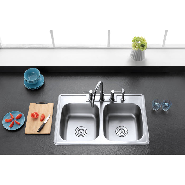 Studio GKTD33227 33-Inch Stainless Steel Self-Rimming 4-Hole Double Bowl Drop-In Kitchen Sink, Brushed