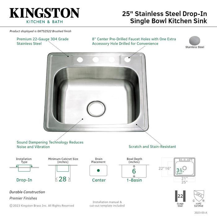 Studio GKTS2522 25-Inch Stainless Steel Self-Rimming 4-Hole Single Bowl Drop-In Kitchen Sink, Brushed