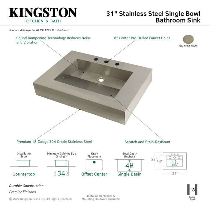 Kingston Commercial GLTS31225 31-Inch Stainless Steel Console Sink Top, Brushed