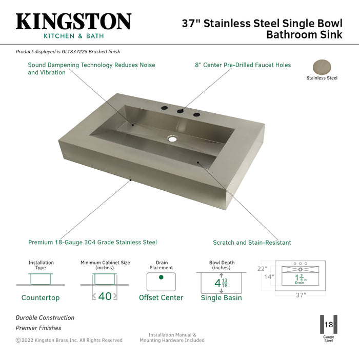 Kingston Commercial GLTS37225 37-Inch Stainless Steel Console Sink Top, Brushed
