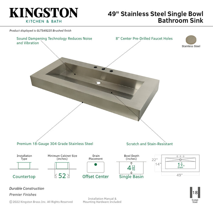 Kingston Commercial GLTS49225 49-Inch Stainless Steel Console Sink Top, Brushed