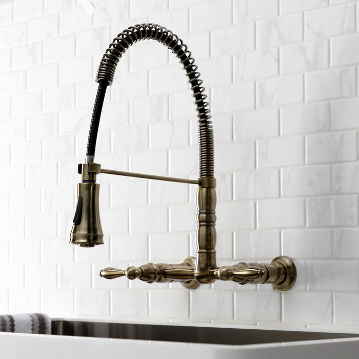 Heritage GS1243AL Wall Mount Pull-Down Sprayer Kitchen Faucet, Antique Brass