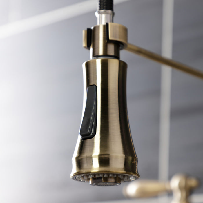Heritage GS1273AL Two-Handle 2-Hole Deck Mount Pull-Down Sprayer Kitchen Faucet, Antique Brass